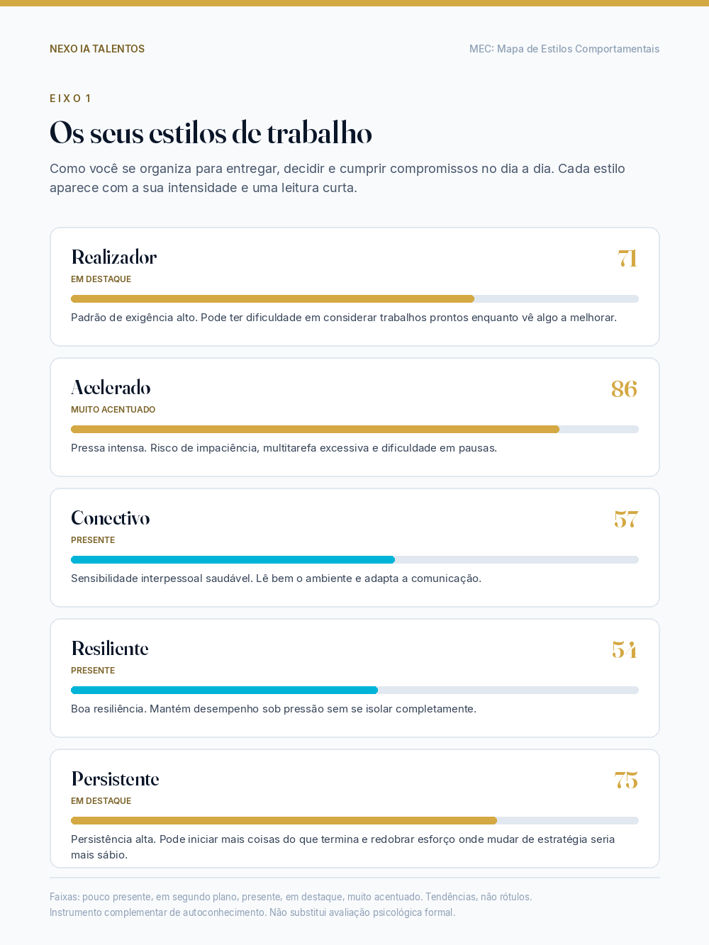 Página interna do mapa com a leitura de cada estilo de trabalho